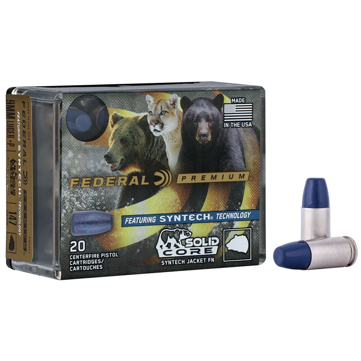 FEDERAL - SOLID CORE SYNTECH 9MM LUGER +P HANDGUN AMMO